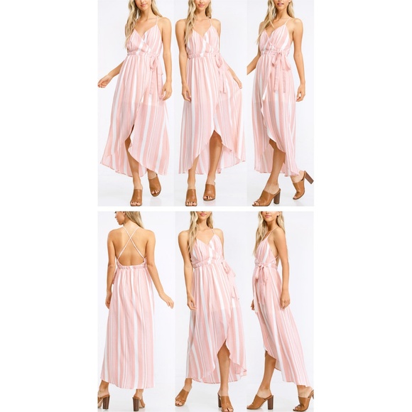 Restock✨Pink Stripe Backless HiLow Midi Wrap Dress - Picture 7 of 8